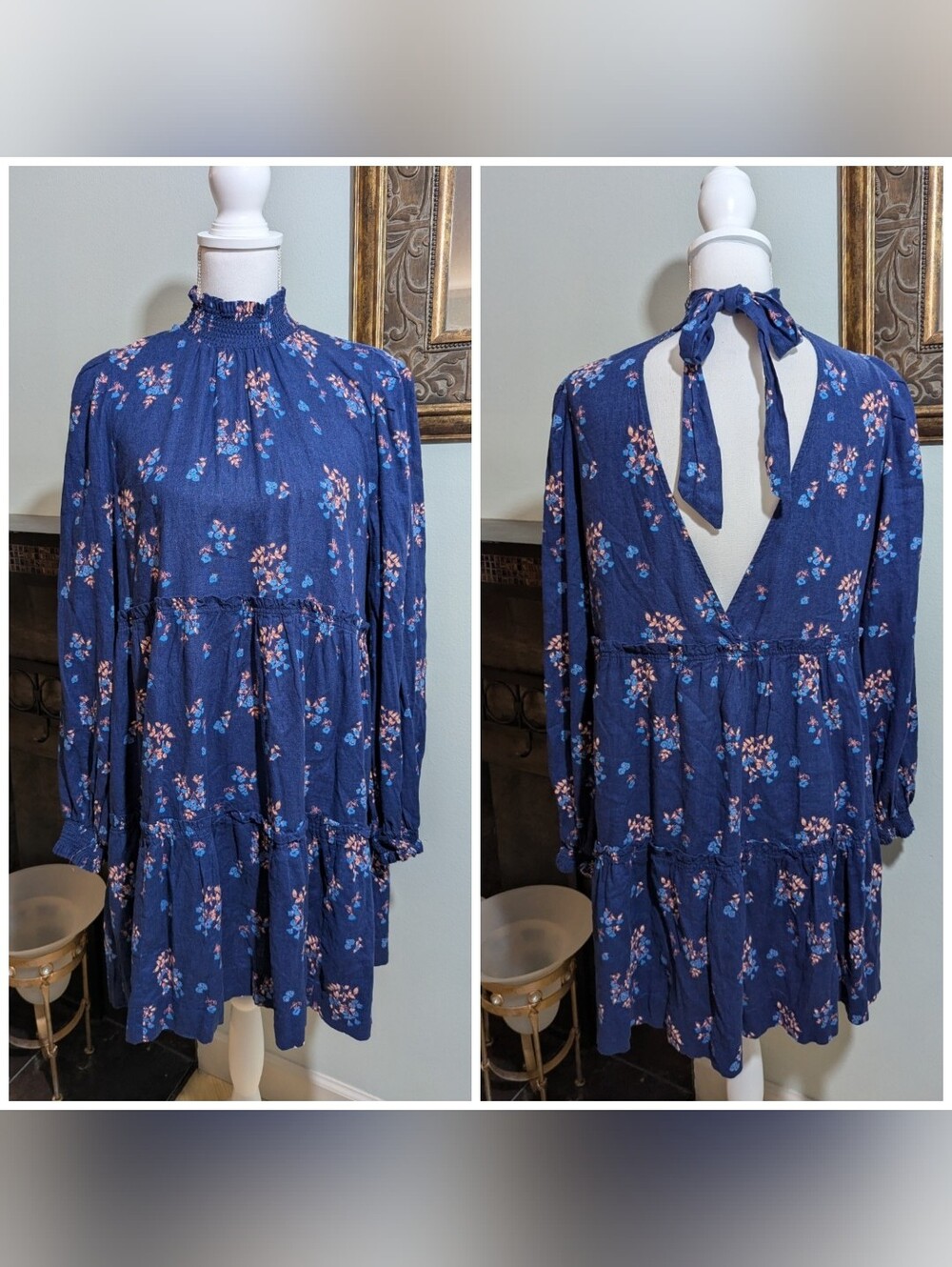 Free People Petit Fours Mini Dress Indigo Size Small Boho Floral Ruffles 160